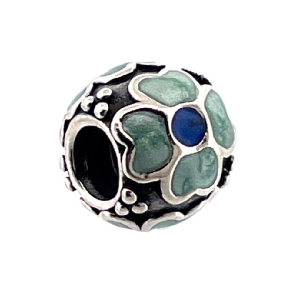 Pandora 925 Silver Blue and Green Toned Flower Authentic Bracelet Charm